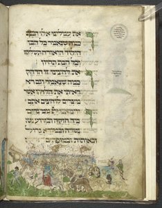 MS Add. 14762, f.15r Kivonulás és átkelés a Vörös-tengeren, az „Ashkenazi Haggadah”-ból, 1460 körül (vellum) alkotó: Joel ben Simeon Feibusch