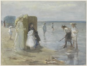Kilátás a dagályvonal mentén a scheveningeni strandon, két hölgy és gyerek