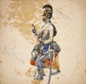 Az 5. dragonyosezred egyik katonája a képen, amint lópisztolyát tölti, 1840-1850 (ceruza és vízfesték)