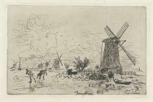 Táj szélmalmok és korcsolyázók Batavia alkotó: Johan Barthold Jongkind