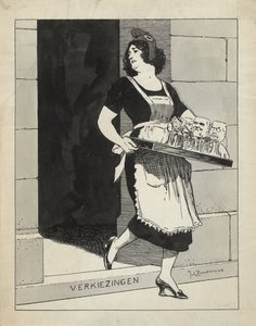 Illusztráció a De Amsterdammerben: A holland szűz cselédlányként egy pohártálcával megbotlik a lépcsőn. Választások (1924. május 17.)