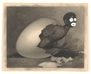 Illusztráció a De Amsterdammerben: egy fekete ember kikel a tojásból (1930. április 19.)