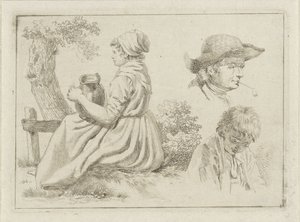 Ülő nő egy kancsóval, egy pipás férfi és egy fiú portréja alkotó: Johan Christiaan Willem Safft