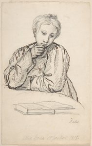 Eline Marie Heger gyermekkori portréja, ahogy egy asztalra támaszkodva egy könyvet néz alkotó: Johan Christian Dahl