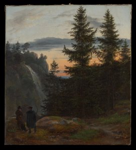 Két férfi egy vízesés előtt naplementekor alkotó: Johan Christian Dahl