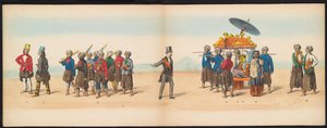 A delfti hallgatók maskarádéja, 1857 (5. tábla) A delfti diáktestület tagjai által 1857. május 5-én tartott jelmezes felvonulás a djokjokartai szultán garebeg körmenetét és a legjellemzőbb holland típusokat ábrázolva.