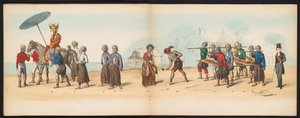 A delfti hallgatók maskarádéja, 1857 (6. tábla) A delfti diáktestület tagjai által 1857. május 5-én tartott jelmezes felvonulás a djokjokartai szultán garebeg körmenetét és a legjellemzőbb holland típusokat ábrázolva.