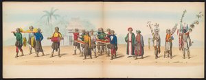 Delft diákjainak maskarádéja, 1857 (7. tábla) A delfti diáktestület tagjai által 1857. május 5-én tartott jelmezes felvonulás a djokjokartai szultán garebeg körmenetét és a legjellemzőbb holland típusokat ábrázolva.