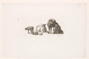 Nő fejés egy tehenet, szarvasmarha és juh. alkotó: Johan Jakob Biedermann