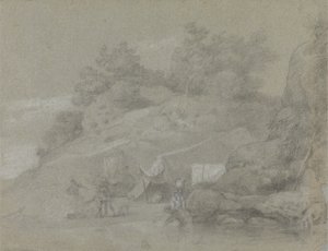 Folyó egy sziklás part mellett alakokkal, esetleg Indiában alkotó: Johan Joseph Zoffany