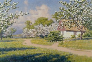 Erdős táj nyaralóval tavasszal alkotó: Johan Krouthén