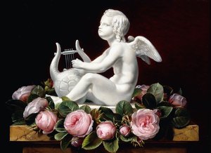 Rózsaszín rózsák füzére Cupido körül, aki lírát játszik egy márványpárkányon, 1841