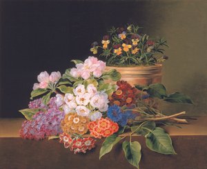Orgona, almavirág, búzavirág és édes Williams, egy edény brácsával a párkányon, 1827