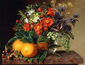 Narancs, szeder és egy váza virág a párkányon, 1834
