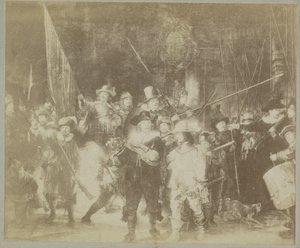 Rembrandt Harmensz „Éjjeli őrség” című festményének fotóreprodukciója. Rajnából Musee d
