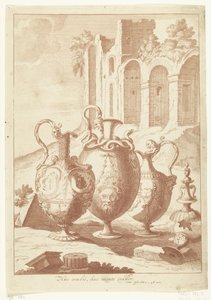 Négy váza, a negyedik törött Huc oculis, huc mente trahor (cím a tárgyon) Vázák és gyertyatartók (sorozat címe) alkotó: Johan Teyler (attributed to)