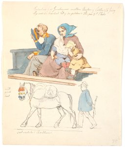Katona és feleség két gyerekkel, egy padon ülve. f.n. egy ló falkával, utána egy ember alkotó: Johan Thomas Lundbye