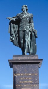 III. Gusztáv király szobra, amelyet 1799-ben az 1792-ben meggyilkolt király emlékére faragtak, Gamla Stan (Az óváros), Stockholm, Svédország (fotó)