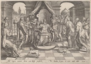 Mózes és Áron a fáraó előtt alkotó: Johan Wierix, after Maarten van Cleef