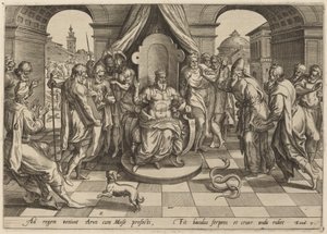Mózes és Áron a fáraó előtt alkotó: Johan Wierix, after Maarten van Cleef