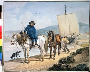 ""Ló és szekér a folyónál"". Lovak a folyó mentén, csónakot vontatva, vagy áruk kirakodására használt vontatóúton." Johann Adam Klein (1792-1875) festménye
