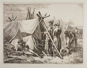 Osztrák katonák egy katonai árus sátra mellett alkotó: Johann Adam Klein