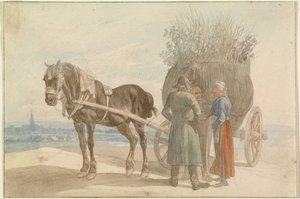 Osztrák parasztok lóval és szekérrel, a távolban Bécs látható alkotó: Johann Adam Klein