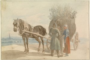 Osztrák parasztok lóval és szekérrel, a távolban Bécsre néző kilátással alkotó: Johann Adam Klein