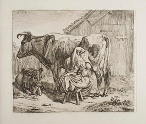 Feltehén és borja fejés közben alkotó: Johann Adam Klein