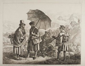 Ernst Welker, Johann Christoph Erhard, valamint Heinrich és Friedrich Philipp Reinhold fivérek festői utazása Salzburgtól Berchtesgadenig 1818 augusztusában alkotó: Johann Adam Klein