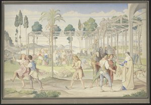 A szőlőskertben dolgozó munkások példázata, Primaticcio „Vertumnus kertje” és Poussin „Flóra birodalma” című művei alapján
