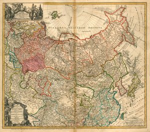Oroszország térképe (Innen: Az Orosz Birodalom és Tatár térkép egész Kis-Ázsiára és Európára) - Homann, Johann Baptist (1663-1724) - 1738 - Rézmetszet, akvarell - Magángyűjtemény