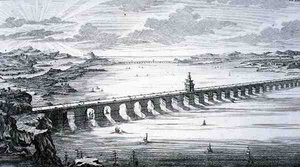 A Nagy Kínai Híd Focheu és Nantai között, Kínában, a „Történelmi építészet tervrajzából”, vésette Johann Adam Delsenbach (1687-1765) 1721 (metszet)