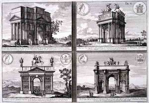 Catulus és Marius diadalíve Orange-ban, Domitianus íve, Drusus íve és Septimus Severus íve, az „Entwurf einer historischen Architektur”-ból, Johann Adam Delsenbach (1687-1765) metszetében