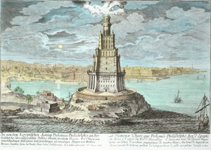 Alexandriai világítótorony, amelyet Nagy Ptolemaiosz (i.e. 36-30. után) épített, Egyiptom, az Entwurf einer historischen Architekturból, vésette Johann Adam Delsenbach (1687-1765) 1721 (későbbi szín