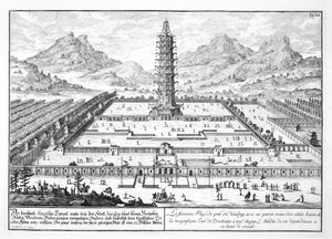 A nankingi porcelán torony, 12. tábla a "Entwurf einer historischen Architektur" című műből, metszette Johann Adam Delsenbach (1687-1765) 1721-ben.