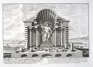 Phidias Olimpiai Zeusz szobra, 5. tábla a „Történelmi építészet terve” című könyvből, Johann Adam Delsenbach (1687-1765) metszete, 1721 alkotó: Johann Bernhard Fischer von Erlach