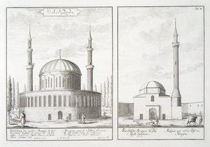 Egy bursai mecset és egy magyarországi mecset látképe, a "Entwurf einer historischen Architektur" című műből, 1721 alkotó: Johann Bernhard Fischer von Erlach
