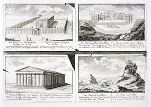Négy klasszikus épület kilátása: az Olimpiai Zeusz temploma, az athéni Dionüszosz Színház, az athéni Athéné és a korinthoszi templom, az Entwurf einer historischen Architekturból,
