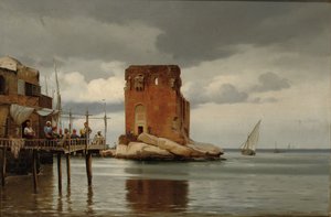 Ved toldboden i Beyrouth. Jelenet egy kikötőről egy fizetős kikötővel, Bejrút alkotó: Johann Carl Neumann