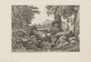 Sziklás táj balra sétáló pásztorral alkotó: Johann Christian Reinhart
