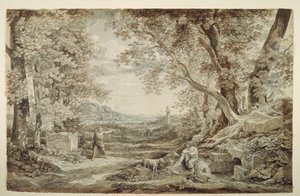 Tájkép antik emlékművekkel („A korinthoszi oszlopfő feltalálása“) alkotó: Johann Christian Reinhart