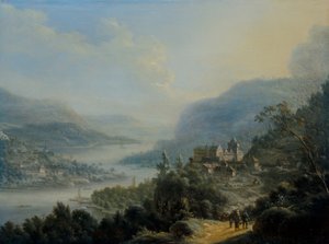 An extensive Rheinish landscape with travellers on a road by a castle