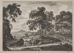 Panorámás folyami tájak utazókkal, 1734.