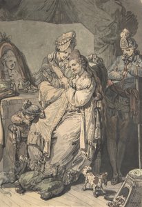 Egy nő a vécéjében szobalánnyal, fiúval, kutyával és fiatal katonával, verso: Egy vázlat..., 1770.