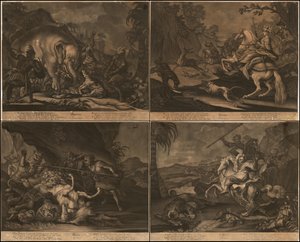 Ca. 1770 Afrika, Ázsia, Amerika és Európa allegorikus metszete egy oldalon.