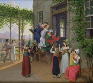Fiatalok hintán játszanak egy kertben Nápoly mellett, 1823