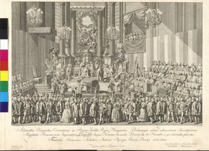 II. Leopold császár koronázása magyar királlyá Pozsonyban, 1790. november 15-én (rézmetszet)