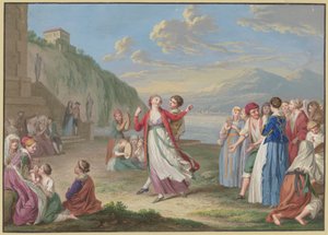 Olasz falusiak szórakoznak játékokkal és tánccal a tóparton, a háttérben magas hegyek alkotó: Johann Friedrich August Tischbein