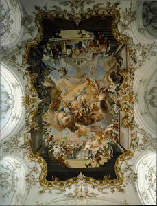 Barokk művészet: „A szentekkel körülvett szűz” Johann Georg Bergmuller (1688-1792) boltozati freskója 1736 Ágoston-kolostor temploma. 1732-1739 Diessen am Ammersee, Németország